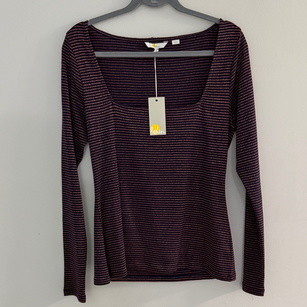 BODEN Women Sz 12 Navy Bronze Metallic Striped Long Sleeve Boat Deep Square Top